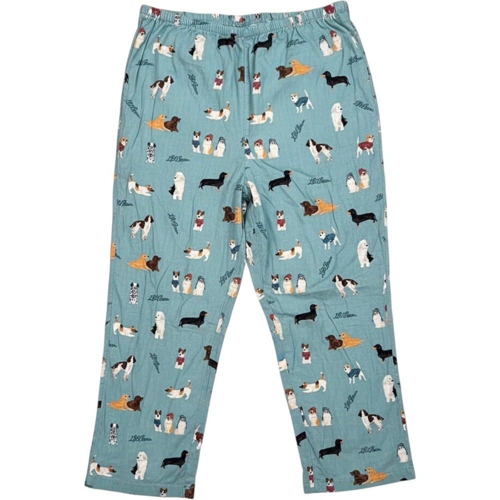 LL Bean Dog Print Pajama Pants Womens 1X Teal Blue Flannel Good Condition 508302